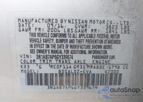 2016 Nissan Sentra Sv из США, поврежденный, VIN 3N1AB7AP6GY339674